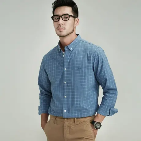 秋冬季男士长袖衬衫商务休闲微弹宽松大码格子男衬衣服商品大图