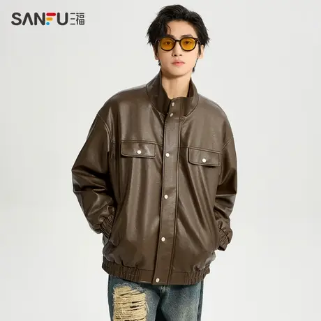 三福2023冬男士保暖加绒PU皮夹克 潮流双袋装饰立领外套479538图片