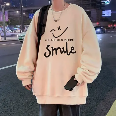 笑脸圆领卫衣男春秋季oversize大码长袖加绒加厚打底衫内搭上衣潮商品大图