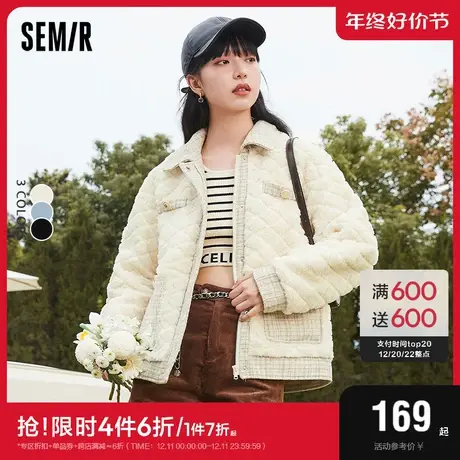森马外套女拼接仿羊羔毛菱形格2022冬新款优雅宽松冬装小香风时尚图片