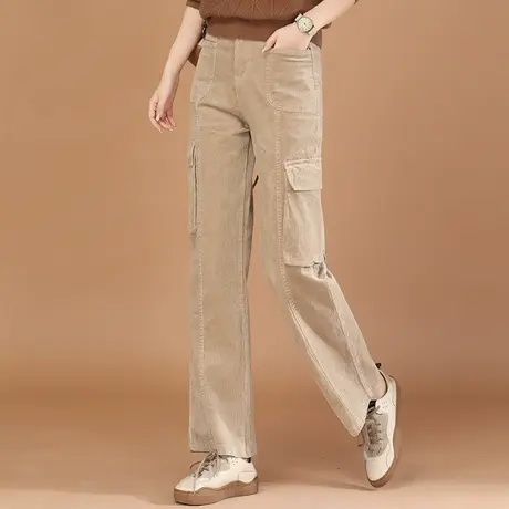 韩潮袭人复古高腰灯芯绒阔腿裤女宽松直筒工装裤子图片