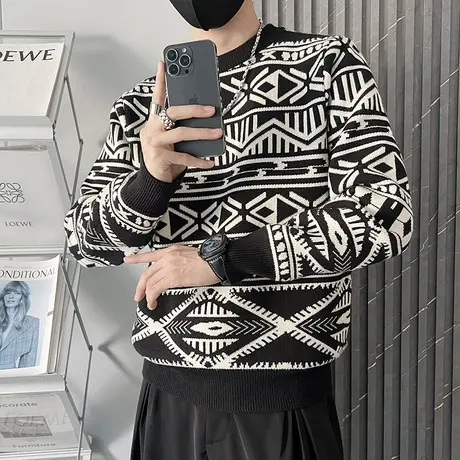 冬季针织毛衣男2023新款潮牌民族风满印轻熟几何提花套头打底线衣商品大图
