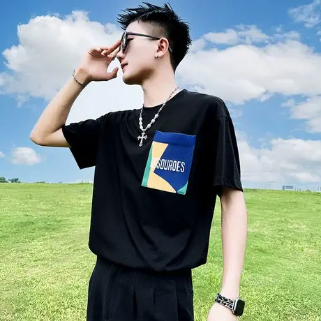 夏季男士t恤男装短袖半袖潮流潮牌时尚休闲半截袖美式INS个性体恤商品大图