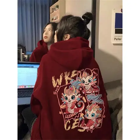 复古酒红连帽卫衣女hiphop潮牌加厚冬季高街上衣ins大码情侣外套商品大图