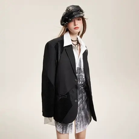 复古潮拼接黑色西装外套女2024新款春装设计感夹克情侣装小众上衣商品大图
