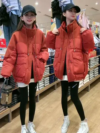 欧货立领抽绳羽绒服女2023年冬季新款纯色宽松大口袋白鸭绒外套潮图片