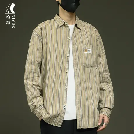 希越竖条纹休闲衬衫男春季新款宽松大码男士外套日系百搭翻领夹克商品大图