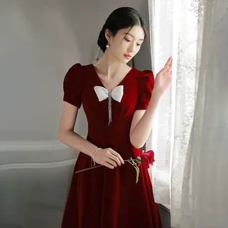 蝴蝶结红色小礼服裙订婚连衣裙敬酒服新娘小个子回门便装平时可穿图片