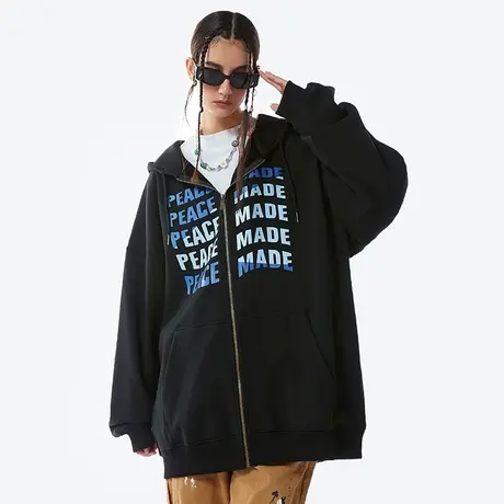 oversize欧美高街潮流拉链开衫卫衣连帽男潮国潮加肥加大冬季外套商品大图