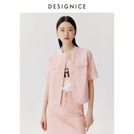 商场同款迪赛尼斯夏季甜美风时尚单排扣小立领全棉牛仔短外套女商品大图