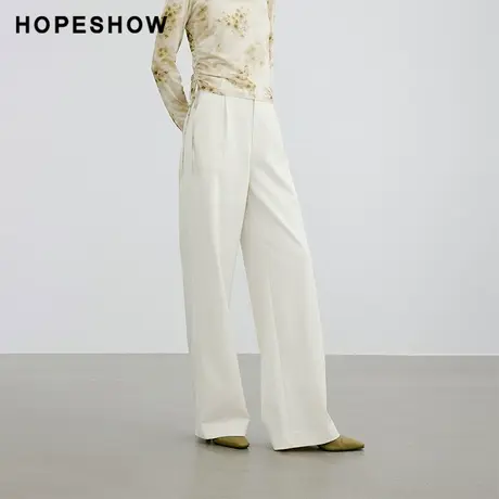 红袖纯色立体压褶直筒长裤hopeshow2024春季新款垂感百搭休闲裤女图片