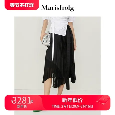 玛丝菲尔2022春夏新款黑色不规则剪裁百褶设计感拼接半身裙图片