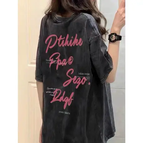 美式复古短袖t恤女夏季圆领宽松水洗做旧小众设计半袖hiphop上衣图片