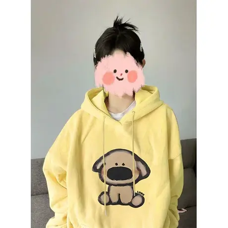 艺术生奶乖连帽黄色卫衣女秋冬季加绒加厚宽松韩系慵懒风上衣外套图片