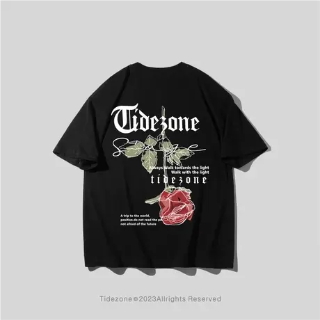 Ohlyah植物字母玫瑰短袖t恤男女同款潮牌复古半袖无性别宽松上衣商品大图