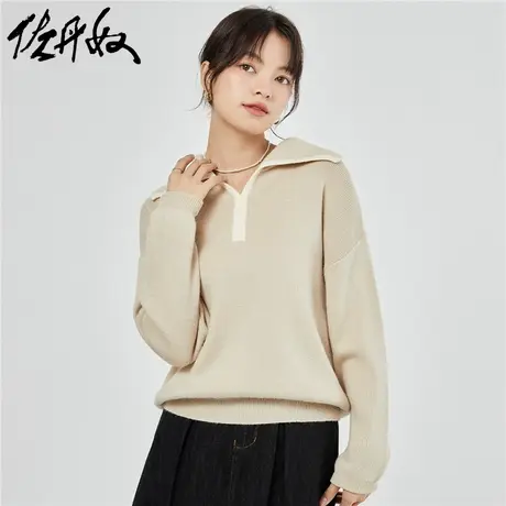 佐丹奴针织毛衣女秋冬新款加厚拼色翻领宽松套头针织衫女05353707商品大图