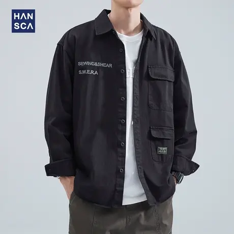 hansca t恤男长袖衬衫秋季潮牌美式复古休闲字母印花纯棉工装外套商品大图