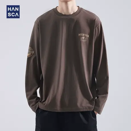 hansca纯棉长袖t恤男2023秋季潮牌日系休闲复古宽松运动圆领体恤商品大图