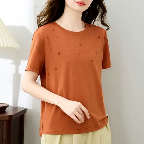 重工烫钻短袖体恤衫大码女装休闲圆领正肩纯棉t恤中年妈妈夏装潮图片