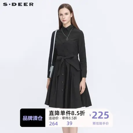 sdeer圣迪奥女装简约休闲翻领收腰暗褶长袖衬衫连衣裙S21161215💯图片