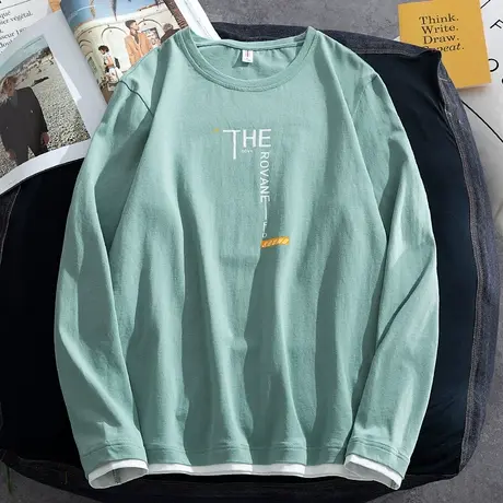 长袖t恤男2023新款春季潮牌棉感秋衣假两件衣服上衣内搭打底衫潮商品大图