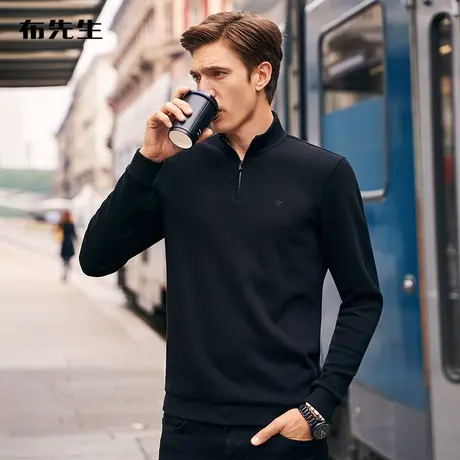 MrBu布先生新疆棉长袖T恤男士秋冬商务休闲拉链立领半高领黑上衣图片