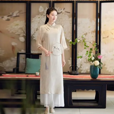 素飞旗袍年轻款气质日常2023年新款改良倒大袖米色素雅连衣裙茶服图片