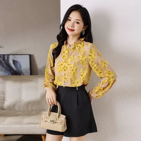 伊自尚2023秋季新款女装大码胖mm宽松显瘦气质雪纺长袖衬衫上衣女商品大图