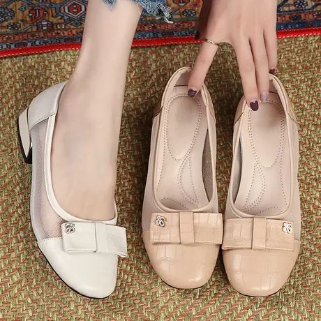 品牌休闲夏款女士胖mm鞋宽胖脚大码凉鞋2023新款真牛皮软底网纱鞋商品大图