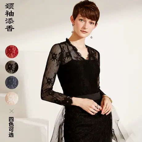 颈袖添香2023秋季气质黑色网纱两件套长袖蕾丝绣花镂空打底衫商品大图