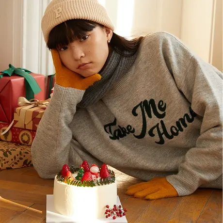 omont蛋挞家 复古大字母刺绣慵懒风毛衣女宽松冬季百搭针织打底衫商品大图