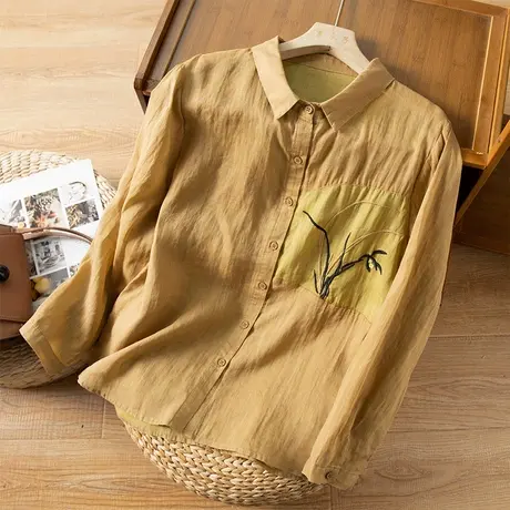 享永子刺绣苎麻衬衫女文艺复古宽松显瘦上衣百搭棉麻衬衣2023新款商品大图