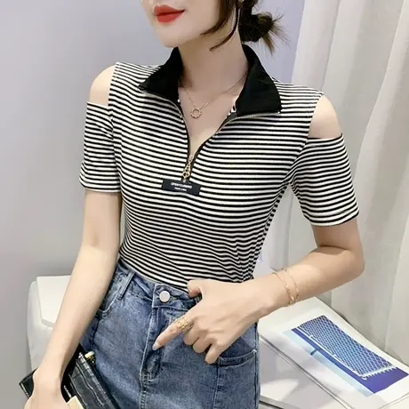 时尚拉链立领T恤女短袖夏装2023新款性感漏肩上衣显瘦条纹体恤潮商品大图
