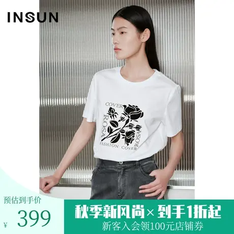 恩裳COVER2023夏装新款重工植绒印花工艺舒适滑爽双面丝光棉短T恤商品大图