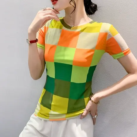 气质网纱T恤女短袖2023夏装新款时尚拼色格子小衫修身圆领上衣ins商品大图
