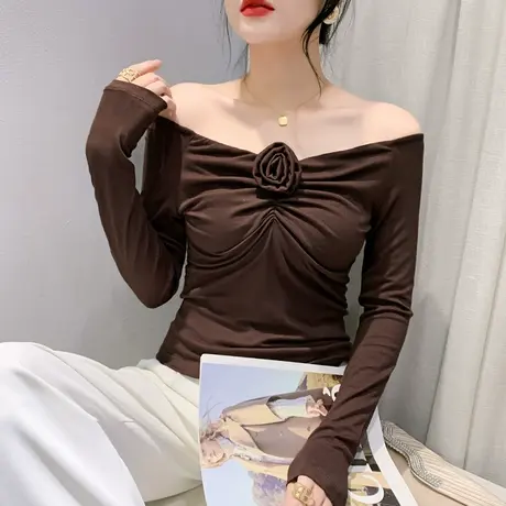 欧货性感一字领打底衫女内搭长袖时尚设计感花朵T恤修身收腰上衣商品大图
