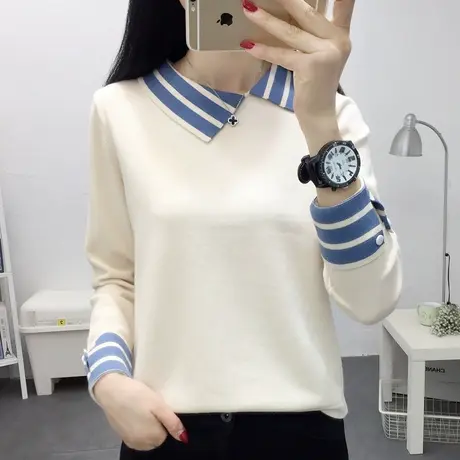 针织衫春季新款女拼色娃娃领宽松洋气百搭毛衣女外穿套头女士上衣图片