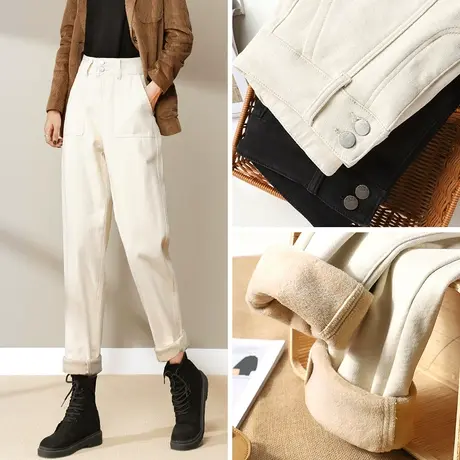 米白色加绒加厚牛仔裤女宽松高腰秋冬季2023新款显瘦萝卜老爹裤子商品大图