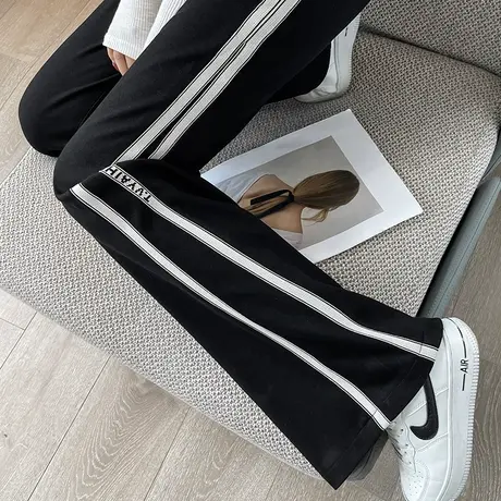 黑色阔腿运动裤女2023年春秋新款高腰垂感直筒宽松显瘦休闲拖地裤商品大图
