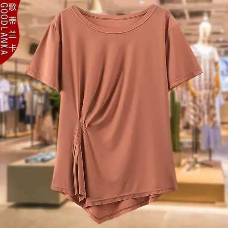 中年妈妈装夏装短袖上衣洋气时尚褶皱加肥加大码女装宽松天丝T恤商品大图