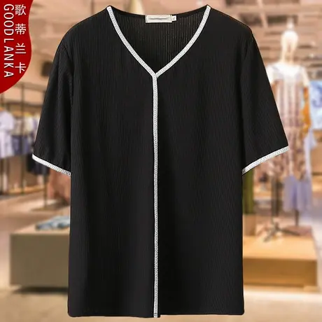 大码中胖妈妈夏季薄款冰丝上衣新款宽松时尚V领撞色坑条短袖T恤女商品大图
