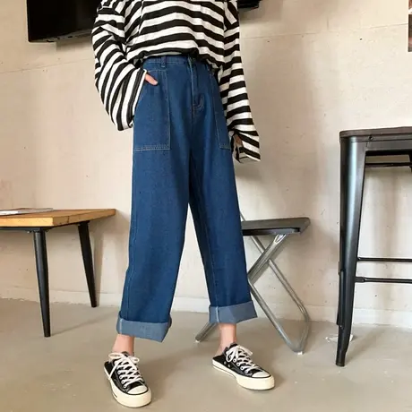 老爹牛仔裤女2020秋季宽松直筒高腰显瘦垂感百搭复古阔腿裤ins潮图片