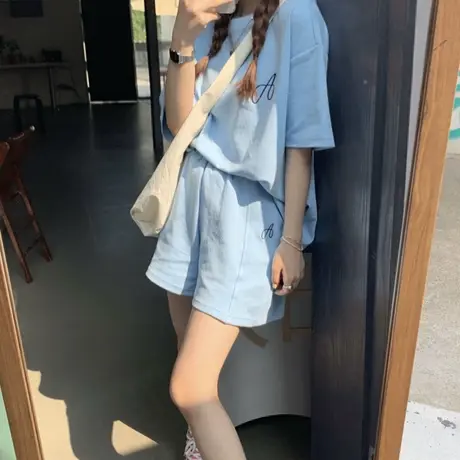 网红港风运动服套装女夏季薄款宽松韩版短袖短裤休闲小个子两件套商品大图