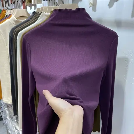 木耳边德绒半高领打底衫女内搭修身显瘦2022秋冬新款洋气长袖T恤商品大图