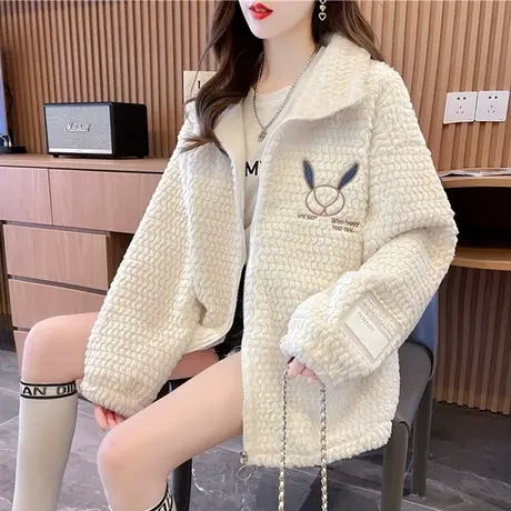 羊羔毛外套女秋冬季韩版宽松设计感小众加绒加厚半高领羊羔绒开衫商品大图