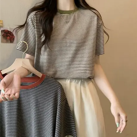 撞色条纹半袖T恤女夏装宽松显瘦百搭2023新款洋气纯棉体恤上衣潮商品大图