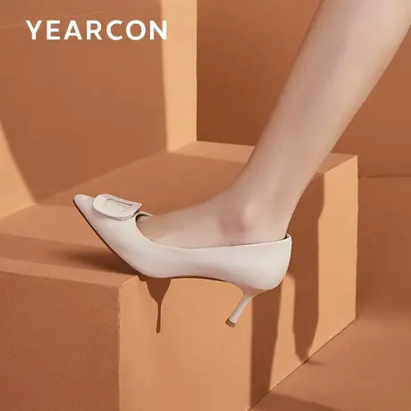 意尔康法式气质高跟鞋2023年夏季新款真皮方扣细跟百搭浅口单鞋女商品大图