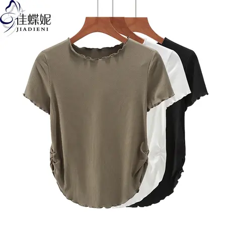 夏新韩版荷叶边圆领修身纯白纯欲下摆圆弧褶皱纯色短袖体恤女上衣商品大图