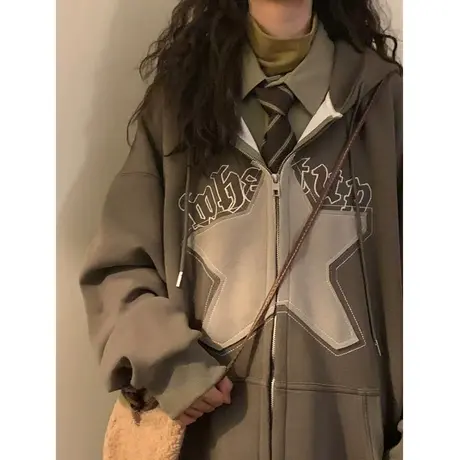 港味chic星星刺绣开衫卫衣女加绒加厚秋冬oversize复古美式外套潮图片