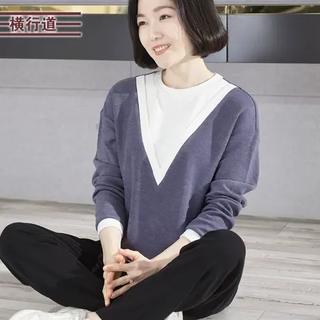 2023新款冬装圆领假两件撞色拼接宽松长袖T恤女装简约韩版大码衣商品大图